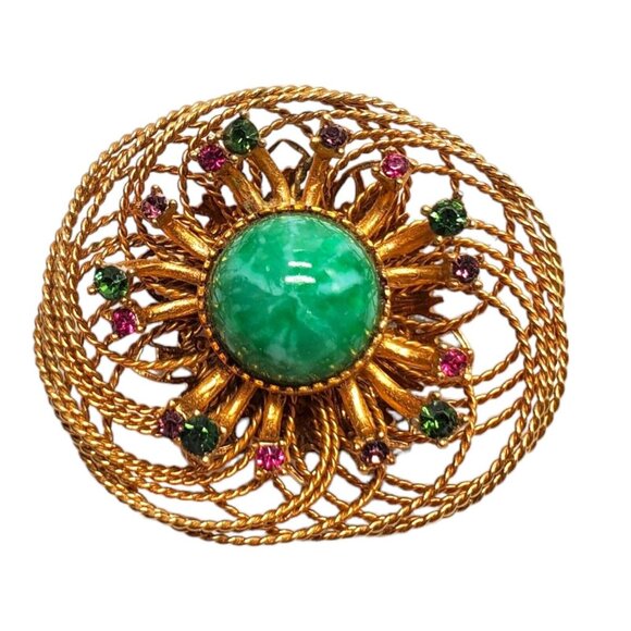 Vtg Green Peking Glass Cabochon Brooch Pink Rhinestone Intricate Wire Gold Tone - Picture 2 of 8